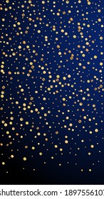 Festive overwhelming confetti. Celebration stars. Sparse gold confetti on dark blue background. Grand festive overlay template. Vertical vector background.