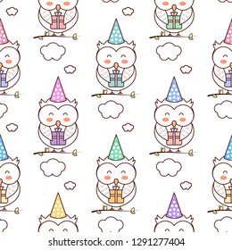 Festive owl with birthday gift, cartoon vector seamless pattern, isolated on white background.