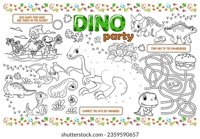 Sirena festiva para los niños. Dino Party Printable Mat with Maze, Connect the Dots and Coloring page. archivo vectorial de 17x11 pulgadas imprimible