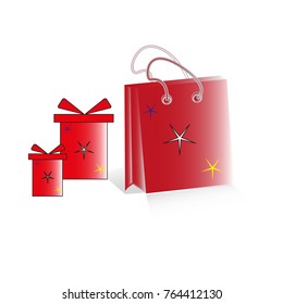 A festive package and boxes with gifts of red color with multi-colored stars are depicted.