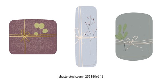 Festive packages decorated with twigs, leaves, and golden threads. Gift boxes. Vector illustration isolated on a white background.