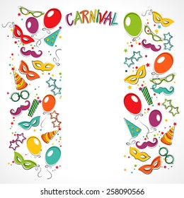  Festive page  with carnival icons and objects.  Vector party poster template