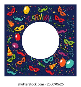  Festive page  with carnival icons and objects.  Vector party poster template