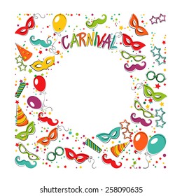  Festive page  with carnival icons and objects.  Vector party poster template