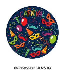  Festive page  with carnival icons and objects.  Vector party poster template