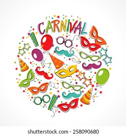  Festive page  with carnival icons and objects.  Vector party poster template