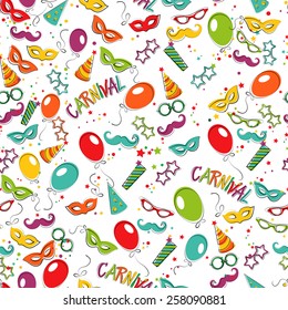  Festive page  with carnival icons and objects.Seamless patern.  Vector party poster template