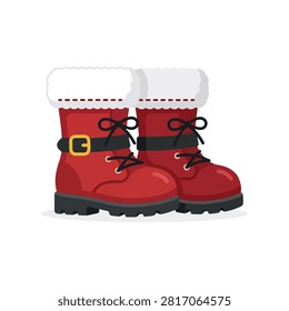 A festive pair of red Santa boots with black laces, gold buckles, and fluffy white fur trim, perfect for holiday themes.