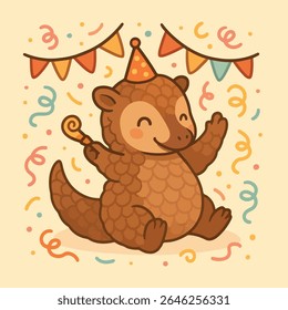 Festive Pangolin Celebration A jubilant pangolin, adorned in a party hat, enthusiastically celebrates amid a flurry of colorful confetti and festive decorations.