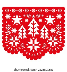 Festive Papel Picado vector design with snowflakes and Christmas trees, Mexican winter paper cutout decoration in red. Decorative Xmas party banner inspired by garlands in Mexico, traditional garland 