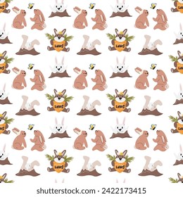 Festive paper background. Easter seamless pattern isolated on white. Various bunnies character design. Cute personage concept. Traditional symbol. Nursery animal hand drawn flat vector illustration