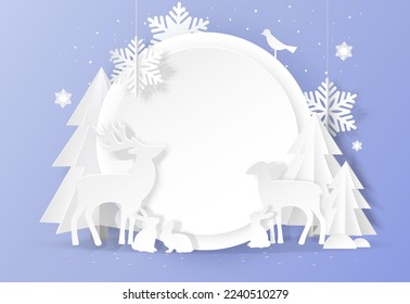 Festive paper craft winter landscape with deer, pine tree, rabbit and snowflake on a snowy background