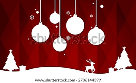 Festive paper cut Christmas background featuring hanging ornaments, winter trees, and reindeer silhouette in a modern holiday style. Clean layout suitable for greeting cards, posters, invitations,