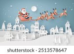 Festive paper cut scene of Santa Claus and sleigh flying above snowy village rooftops under night sky.
