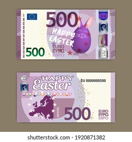 Festive paper fictional money. European Union banknote of 500 euros. Happy easter. Purple egg with bunny ears