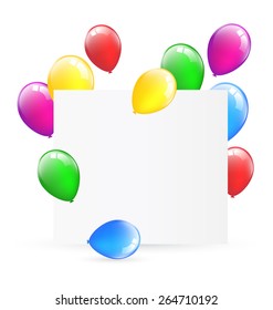 Festive paper frame with inflatable bright air balls isolated on white background