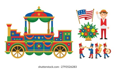 A festive parade scene featuring a decorated train, a marching band, a bouquet of flowers, and a person waving an American flag.