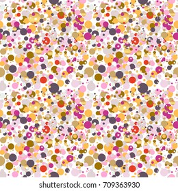 Festive party abstract seamless pattern. Vector colorful background with golden, pink, red, yellow confetti or circles on white background.