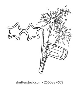 Festive party accessories black and white line vector illustration. Photo booth stars glasses on stick, rattler and sparklers ink drawing. Holiday and celebration decorations for Purim