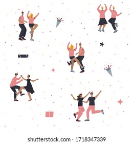 Festive party celebration dancing girl and boy seamless pattern. Simple flat people woman man couple character vector illustration cartoon style. Guest person on birthday event confetti cute clip art.