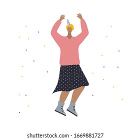 Festive party celebration dancing or jumping girl postcard. Simple flat people woman character vector illustration cartoon style. Dancing guest person on birthday event confetti cute picture clip art.