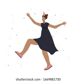 Festive party celebration dancing or jumping girl postcard. Simple flat people woman character vector illustration cartoon style. Dancing guest person on birthday event confetti cute picture clip art.