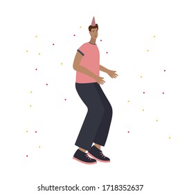 Festive party celebration dancing or jumping boy postcard. Simple flat people man character vector illustration cartoon style. Dancing guest person on birthday event confetti cute picture clip art.