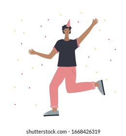 Festive party celebration jumping boy postcard. Simple flat people woman or man character vector illustration cartoon style. Dancing guest person on birthday event confetti cute picture clip art.