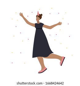 Festive party celebration jumping girl postcard. Simple flat people woman character vector illustration cartoon style. Dancing person on birthday event confetti cute picture graphic clip art element.