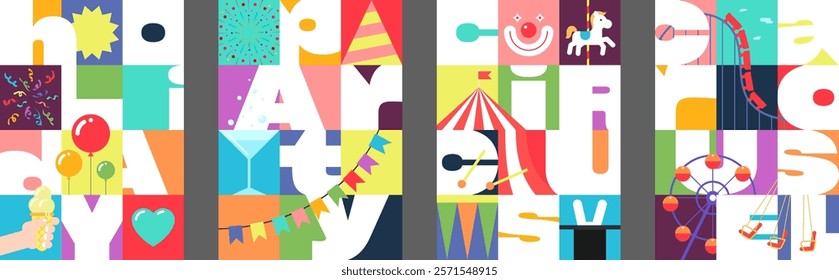 Festive party, circus and carousel poster set. Bright amusement park contemporary geometric designs with artistic text for holiday background, flyer, invite or ticket. Colorful carnival fair visuals