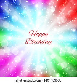 Festive party colorful background with confetti, bokeh and serpentine. Bright multicolor holyday background. Happy birthday card with place for text. Vector greeting card