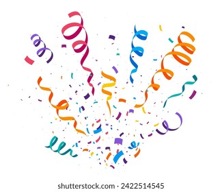 Festive party confetti ribbons and streamer paper stripes for birthday, cartoon vector. Confetti explosion pop of colorful paper ribbons for holiday, carnival or festival and celebration party