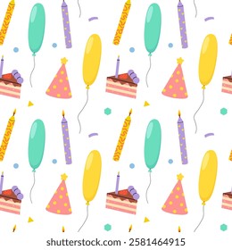 Festive party decorations with balloons, cakes, and party hats in various colors