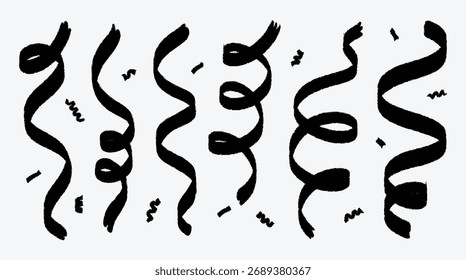 Festive party decorations with black streamers and confetti on white background