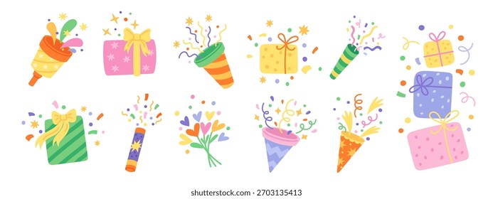 Festliche Party-Elemente. Geburtstagsfeier Dekorationen, Feuerwerkskörper, Poppers mit Konfetti, Geschenke in gemusterten Wrapper, Doodle Zeichnung einzelne Elemente. Neujahr und Weihnachten garniert Vektorsatz