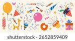 Festive party elements set, including balloons, confetti, poppers, candles, sweets and presents. Trendy modern vector illustration isolated on white background, hand drawn, flat design