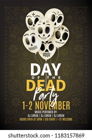 Festive party flyer of Day of the Dead. Dark background with white balloons. Vector illustration. Invitation to nightclub.