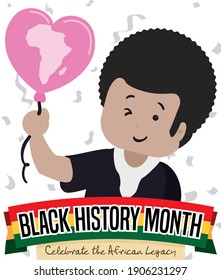 Festive party with happy man holding a balloon with heart shape and Africa map, colorful ribbon and greeting scroll celebrating the Black History Month.