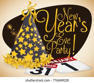 Festive party hat decorated with golden stars and fringes, loose-leaf calendar papers and fireworks display in the sign for New Year's Eve celebration.
