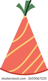A festive party hat with diagonal stripes and a pointed top in a flat style. The hat features a conical shape and a decorative top. Cartoon vector illustration.