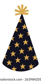 Festive party hat featuring a dark blue background with golden stars and a vibrant yellow ornament, perfect for celebrating birthdays or New Year's Eve
