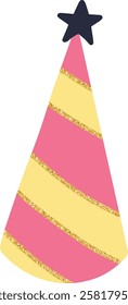 Festive party hat featuring diagonal pink and yellow stripes with golden glitter accents and a dark star on top, perfect for celebrations and joyful occasions