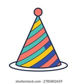 A festive party hat illustration with vibrant diagonal stripes and a top pompom in a flat vector graphic style
