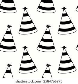 Festive party hats in black and white pattern on a light background