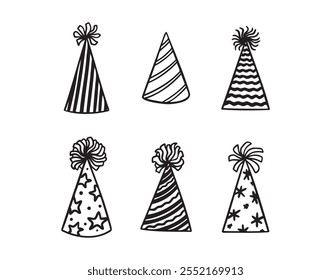 Festive party hats hand drawn doodle funny set. Party hats drawing outline elements set. Vector illustration