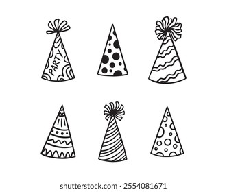 Festive party hats hand drawn doodle funny set. Party hats drawing outline elements set. Vector illustration