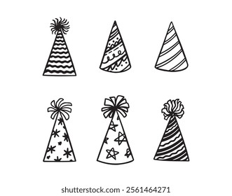 Festive party hats hand drawn doodle funny set. Party hats drawing outline elements set. Vector illustration