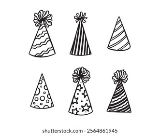 Festive party hats hand drawn doodle funny set. Party hats drawing outline elements set. Vector illustration