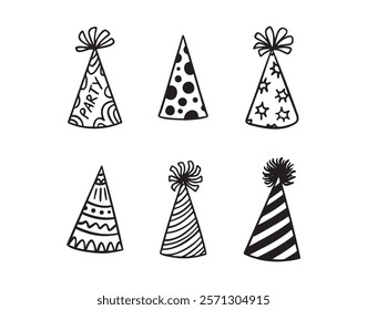 Festive party hats hand drawn doodle funny set. Party hats drawing outline elements set. Vector illustration