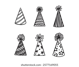 Festive party hats hand drawn doodle funny set. Party hats drawing outline elements set. Vector illustration